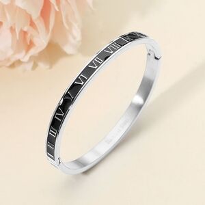 Black Silver Roman Numeral Stainless Steel Bangle Bracelet Jewelry Enamel Hinged